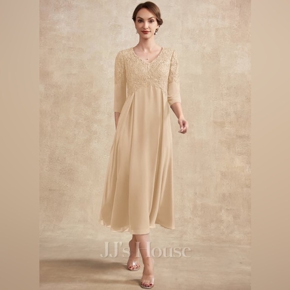 A line V Neck Tea-Length Chiffon Lace Dress With Beading Size 12 Champagne - Picture 2 of 9